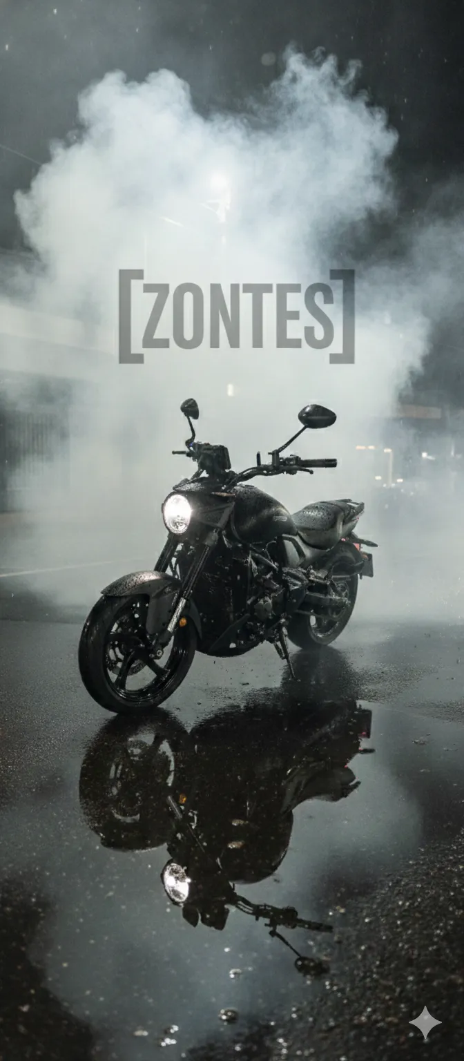 Imagem moto Zontes S350 na rua molhada com logotipo ao fundo