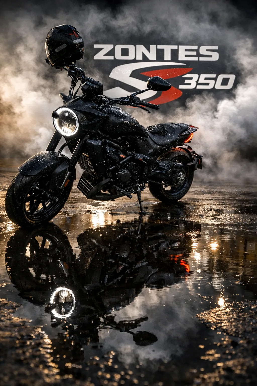 Imagem moto Zontes S350 na rua debaixo de chuva com logotipo ao fundo