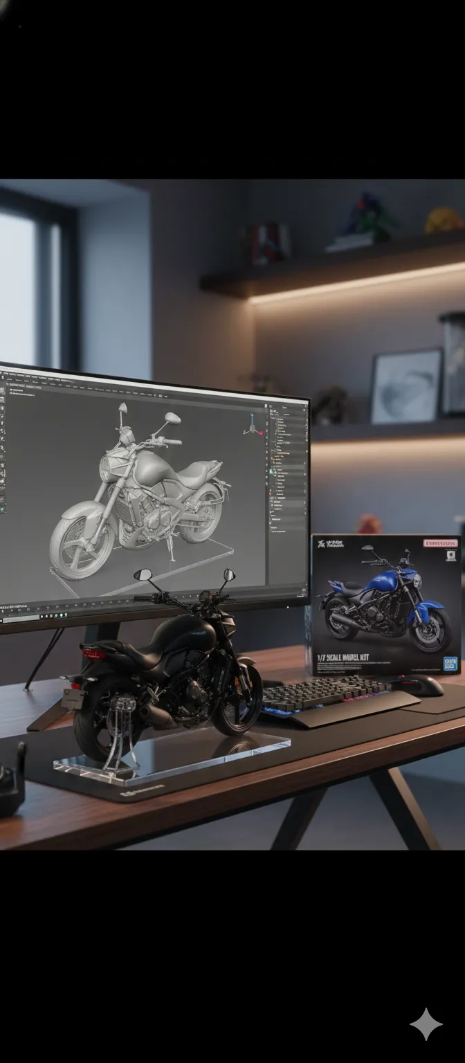 Imagem moto Zontes S350 em miniatura na mesa de computador com embalagem de brinquedo ao lado