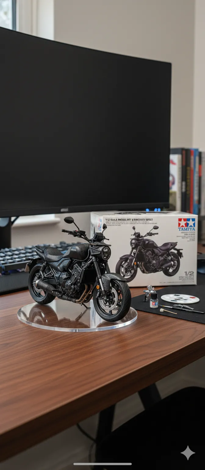 Imagem moto Zontes S350 em miniatura na mesa de computador com embalagem de brinquedo ao lado