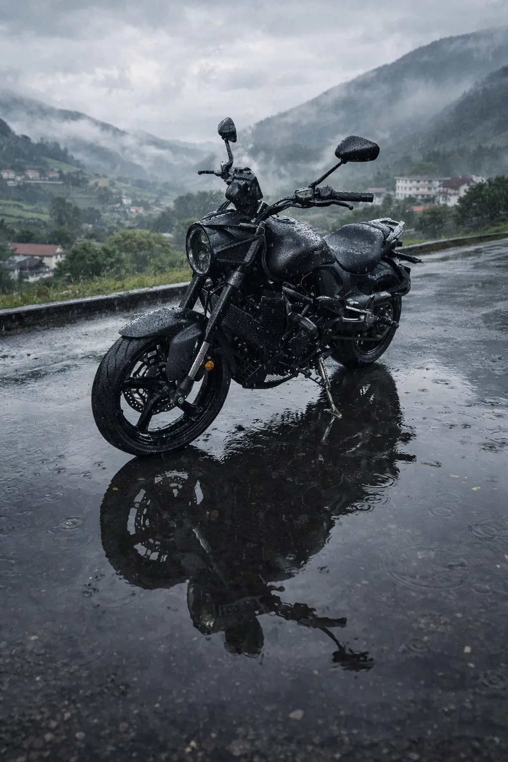 Imagem moto Zontes S350 na rua debaixo de chuva