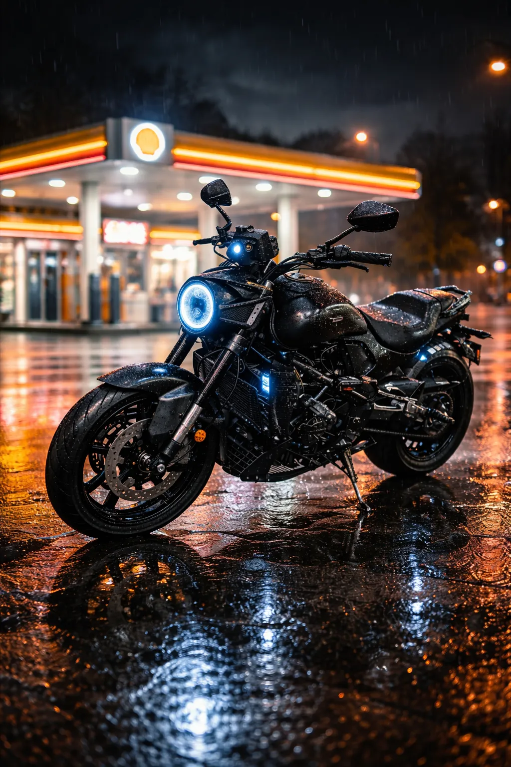 Imagem moto Zontes S350 no posto de gasolina Shell à noite